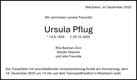 Traueranzeige von Ursula Pflug von Waiblinger Kreiszeitung
