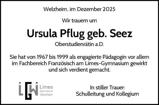 Traueranzeige von Ursula Pflug von Waiblinger Kreiszeitung