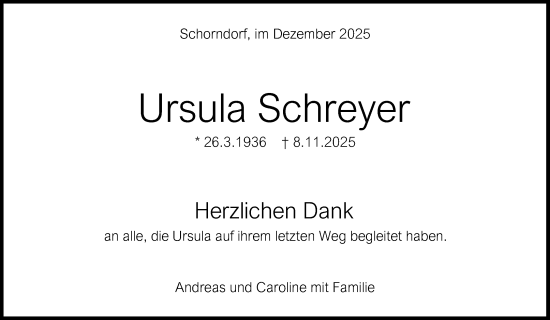 Traueranzeige von Ursula Schreyer von Waiblinger Kreiszeitung