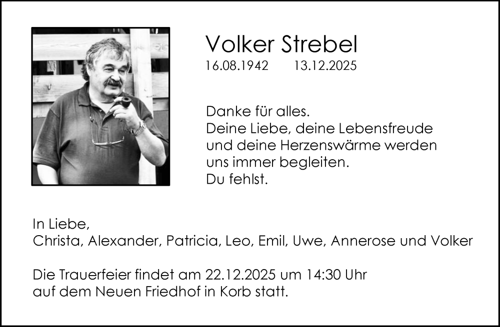  Traueranzeige für Volker Strebel vom 20.12.2025 aus Waiblinger Kreiszeitung