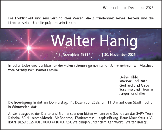 Traueranzeige von Walter Hanig von Waiblinger Kreiszeitung
