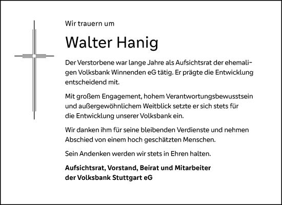 Traueranzeige von Walter Hanig von Waiblinger Kreiszeitung
