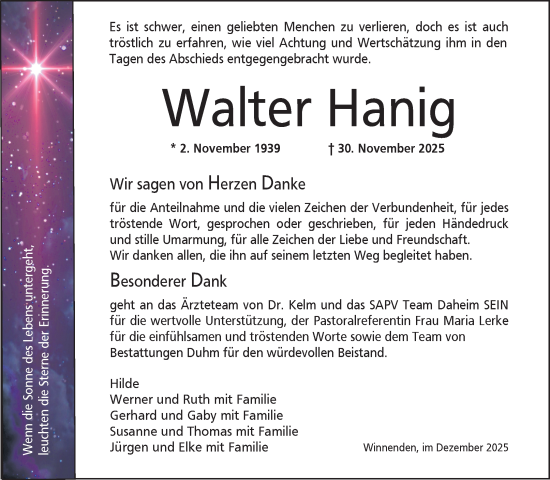 Traueranzeige von Walter Hanig von Waiblinger Kreiszeitung