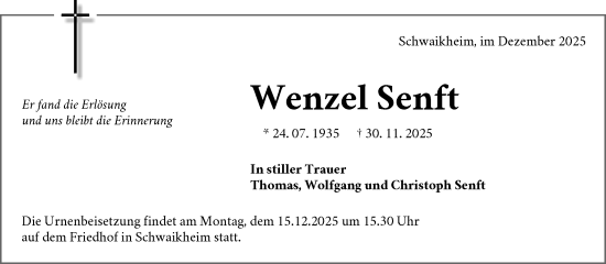 Traueranzeige von Wenzel Senft von Waiblinger Kreiszeitung