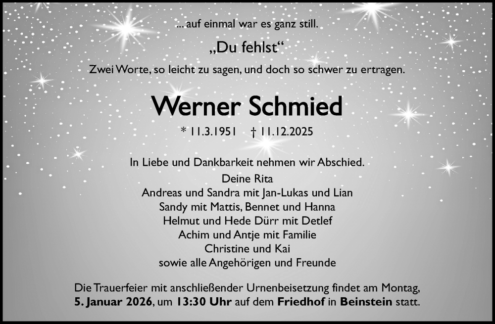  Traueranzeige für Werner Schmied vom 27.12.2025 aus Waiblinger Kreiszeitung