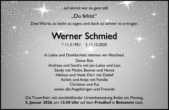 Traueranzeige von Werner Schmied von Waiblinger Kreiszeitung