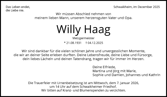 Traueranzeige von Willy Haag von Waiblinger Kreiszeitung