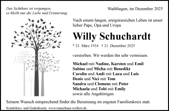 Traueranzeige von Willy Schuchardt von Waiblinger Kreiszeitung