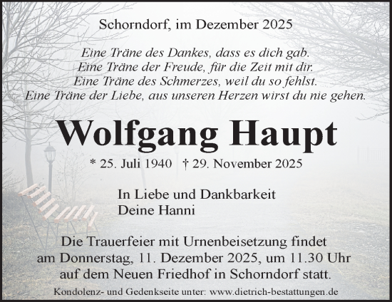 Traueranzeige von Wolfgang Haupt von Waiblinger Kreiszeitung