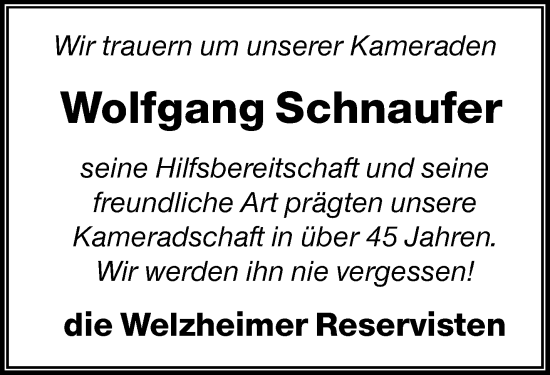 Traueranzeige von Wolfgang Schnaufer von Waiblinger Kreiszeitung