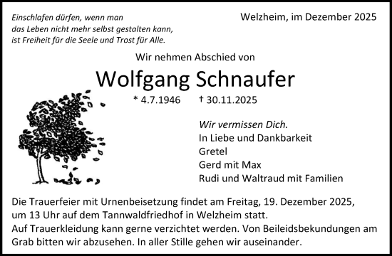 Traueranzeige von Wolfgang Schnaufer von Waiblinger Kreiszeitung