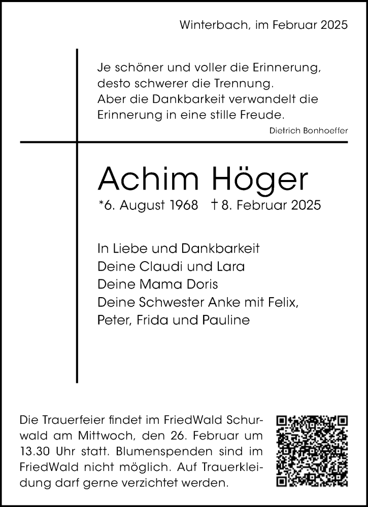  Traueranzeige für Achim Höger vom 19.02.2025 aus Waiblinger Kreiszeitung