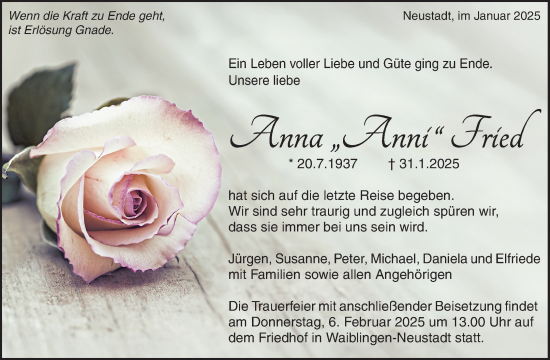 Traueranzeige von Anna Fried von Waiblinger Kreiszeitung