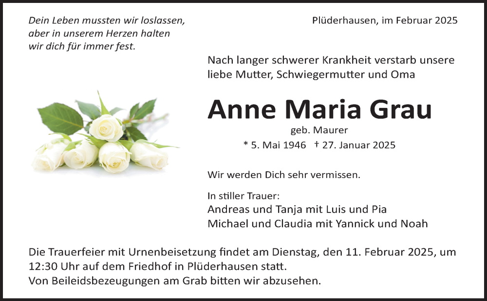  Traueranzeige für Anne Maria Grau vom 05.02.2025 aus Waiblinger Kreiszeitung