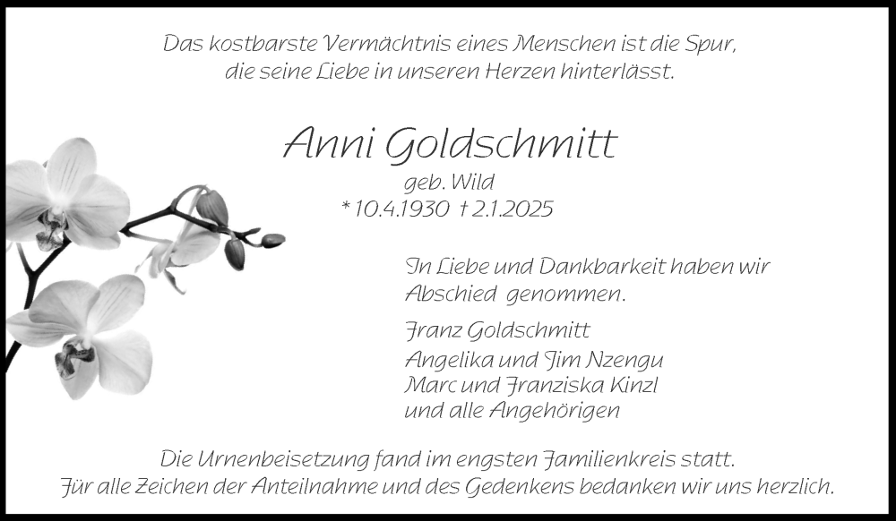  Traueranzeige für Anni Goldschmitt vom 01.02.2025 aus Waiblinger Kreiszeitung