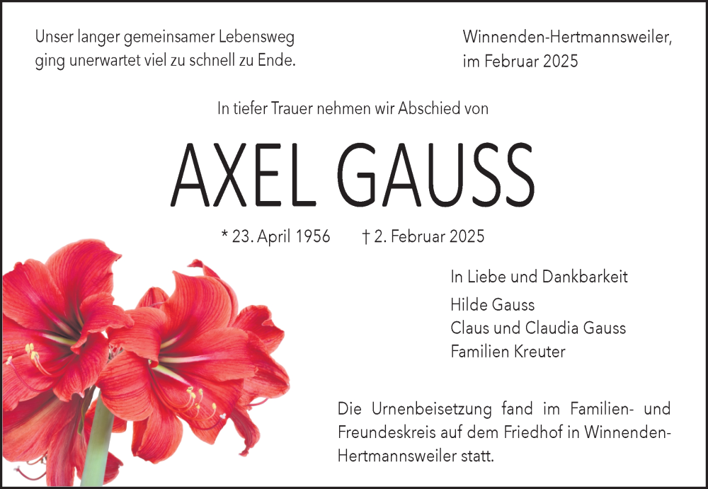 Traueranzeige für Axel Gauss vom 27.02.2025 aus Waiblinger Kreiszeitung