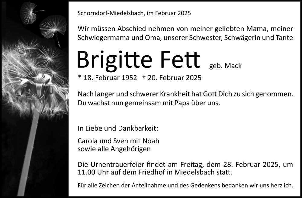  Traueranzeige für Brigitte Fett vom 25.02.2025 aus Waiblinger Kreiszeitung