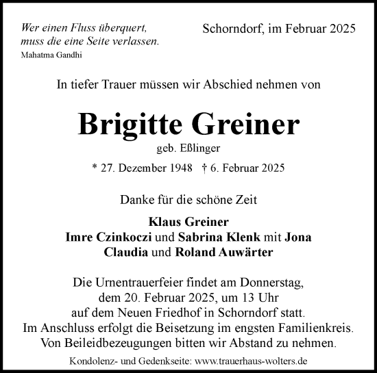 Traueranzeige von Brigitte Greiner von Waiblinger Kreiszeitung