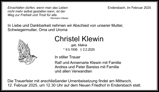 Traueranzeige von Christel Klewin von Waiblinger Kreiszeitung