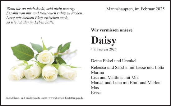 Traueranzeige von Daisy Frey von Waiblinger Kreiszeitung