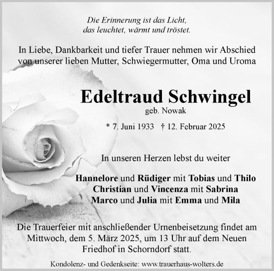 Traueranzeige von Edeltraud Schwingel von Waiblinger Kreiszeitung