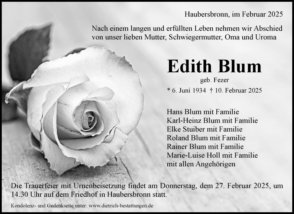  Traueranzeige für Edith Blum vom 24.02.2025 aus Waiblinger Kreiszeitung