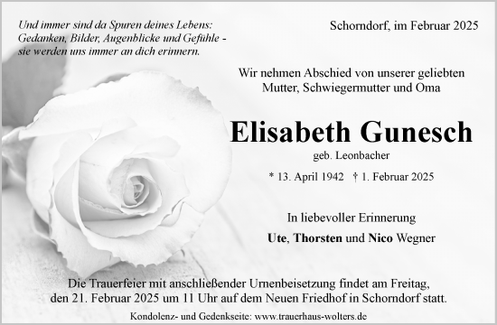 Traueranzeige von Elisabeth Gunesch von Waiblinger Kreiszeitung