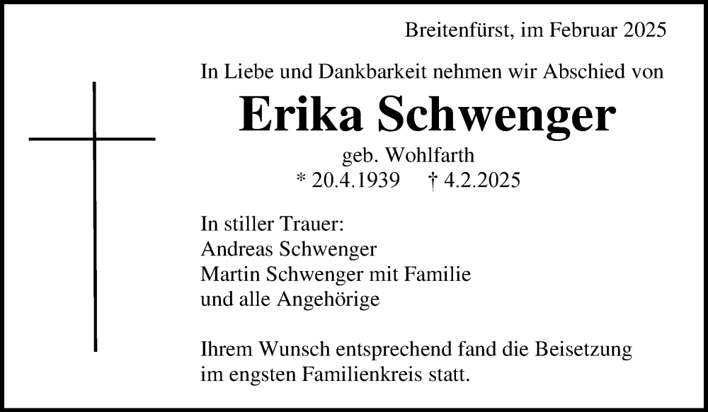  Traueranzeige für Erika Schwenger vom 19.02.2025 aus Waiblinger Kreiszeitung