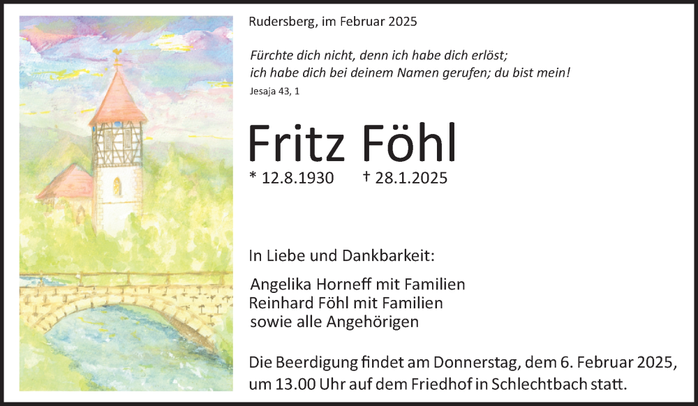  Traueranzeige für Fritz Föhl vom 01.02.2025 aus Waiblinger Kreiszeitung