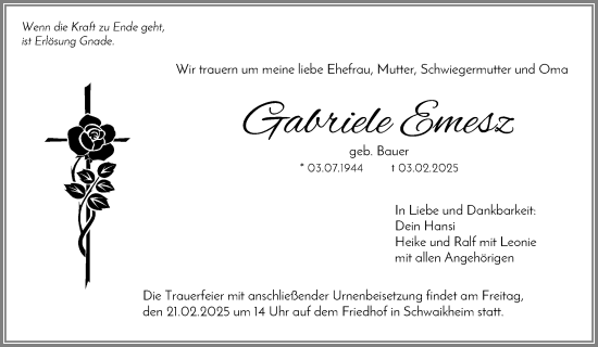 Traueranzeige von Gabriele Emesz von Waiblinger Kreiszeitung