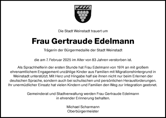 Traueranzeige von Gertraude Edelmann von Waiblinger Kreiszeitung