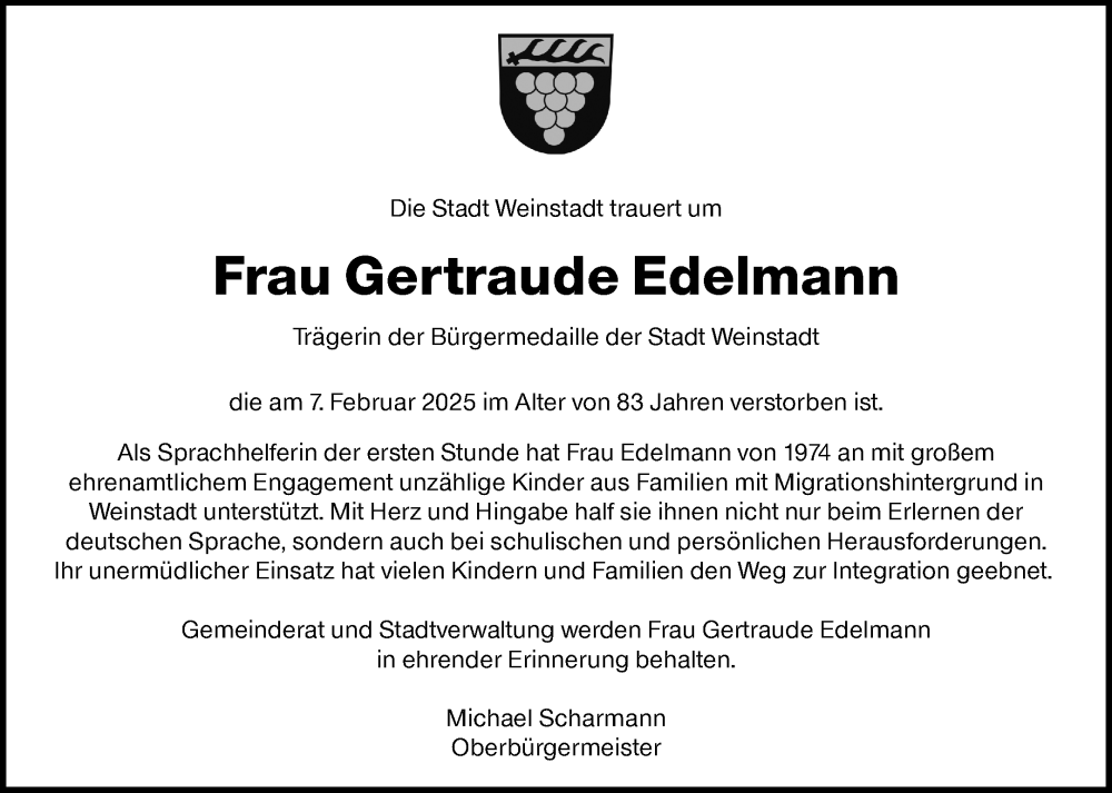  Traueranzeige für Gertraude Edelmann vom 15.02.2025 aus Waiblinger Kreiszeitung