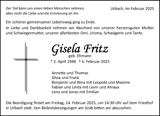 Traueranzeige von Gisela Fritz von Waiblinger Kreiszeitung