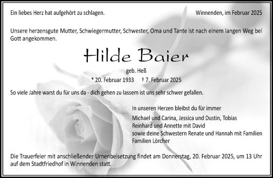 Traueranzeige von Hilde Baier von Waiblinger Kreiszeitung