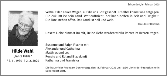 Traueranzeige von Hilde Wahl von Waiblinger Kreiszeitung