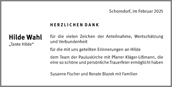 Traueranzeige von Hilde Wahl von Waiblinger Kreiszeitung