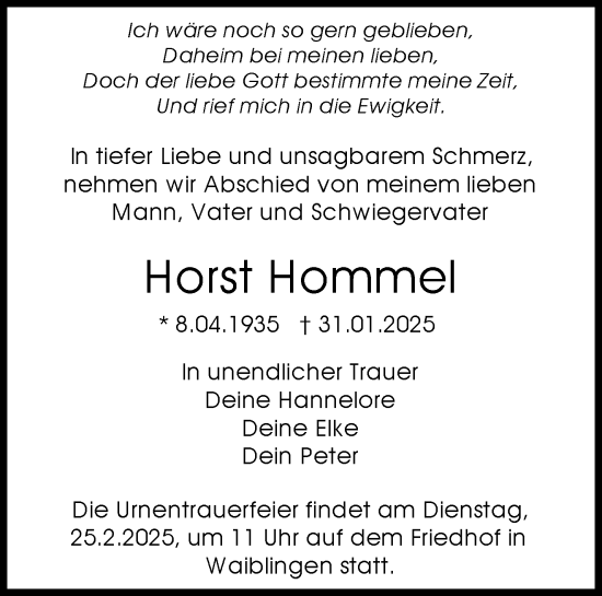 Traueranzeige von Horst Hommel von Waiblinger Kreiszeitung