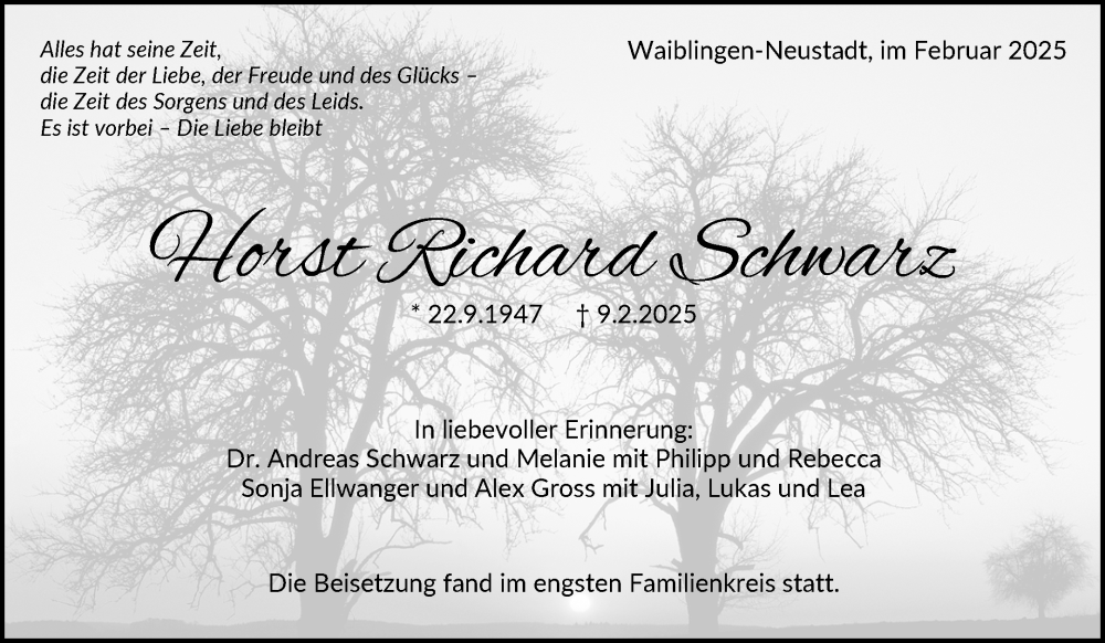  Traueranzeige für Horst Richard Schwarz vom 28.02.2025 aus Waiblinger Kreiszeitung