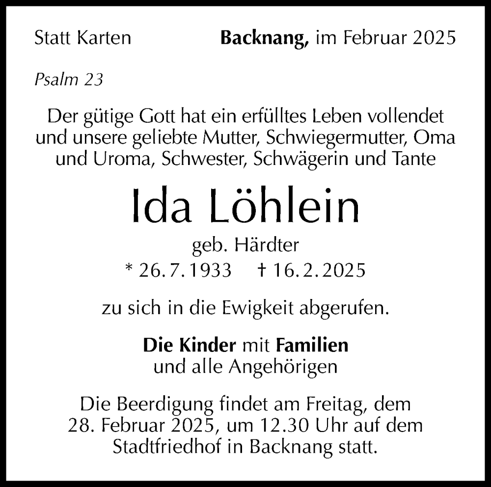  Traueranzeige für Ida Löhlein vom 25.02.2025 aus Waiblinger Kreiszeitung