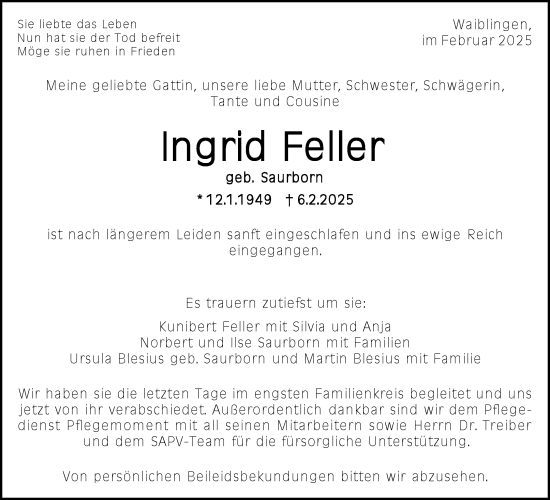 Traueranzeige von Ingrid Feller von Waiblinger Kreiszeitung