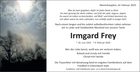 Traueranzeige von Irmgard Frey von Waiblinger Kreiszeitung