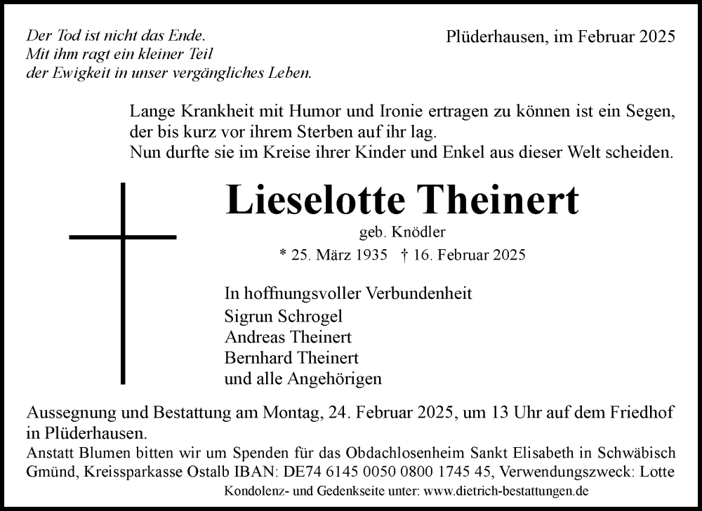  Traueranzeige für Lieselotte Theinert vom 20.02.2025 aus Waiblinger Kreiszeitung