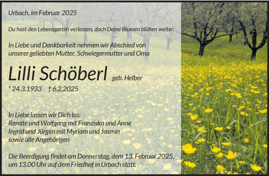Traueranzeige von Lilli Schöberl von Waiblinger Kreiszeitung
