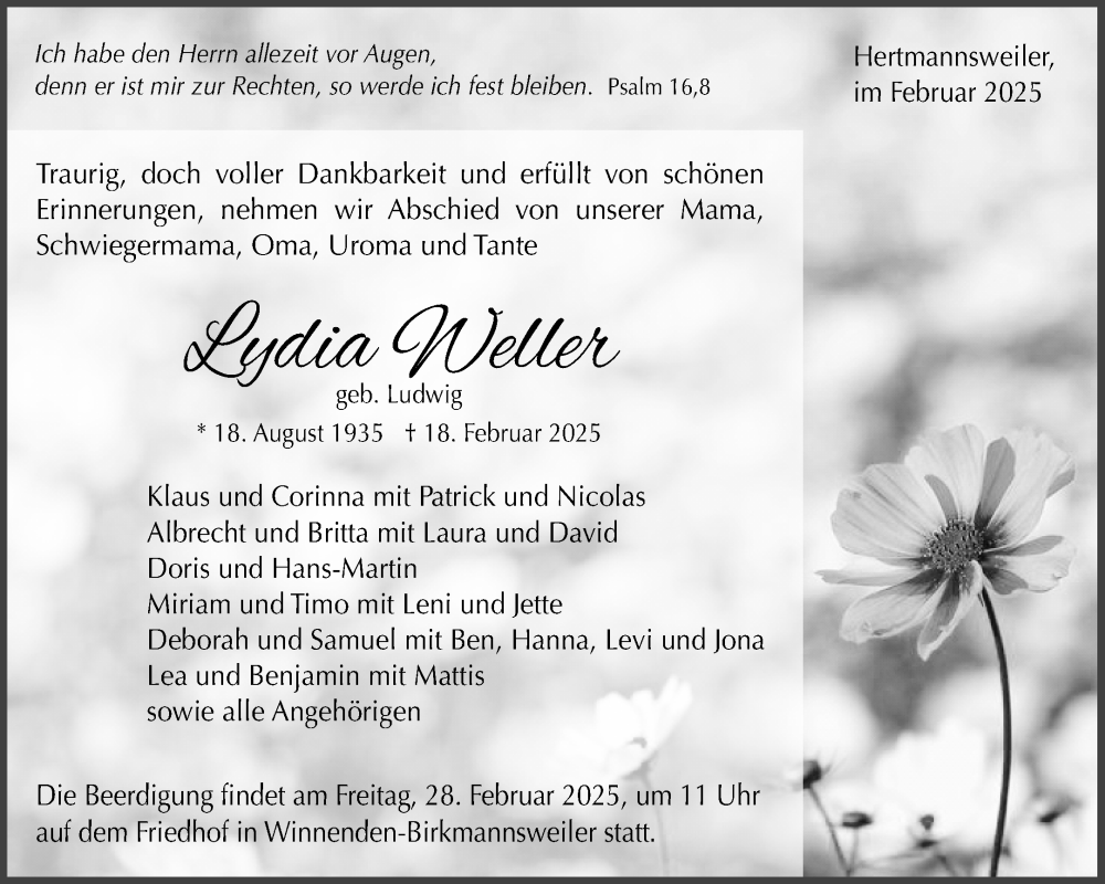  Traueranzeige für Lydia Weller vom 24.02.2025 aus Waiblinger Kreiszeitung