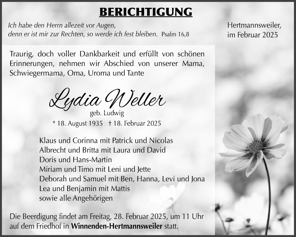  Traueranzeige für Lydia Weller vom 25.02.2025 aus Waiblinger Kreiszeitung