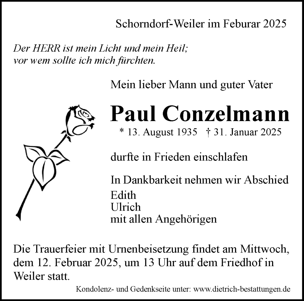  Traueranzeige für Paul Conzelmann vom 07.02.2025 aus Waiblinger Kreiszeitung
