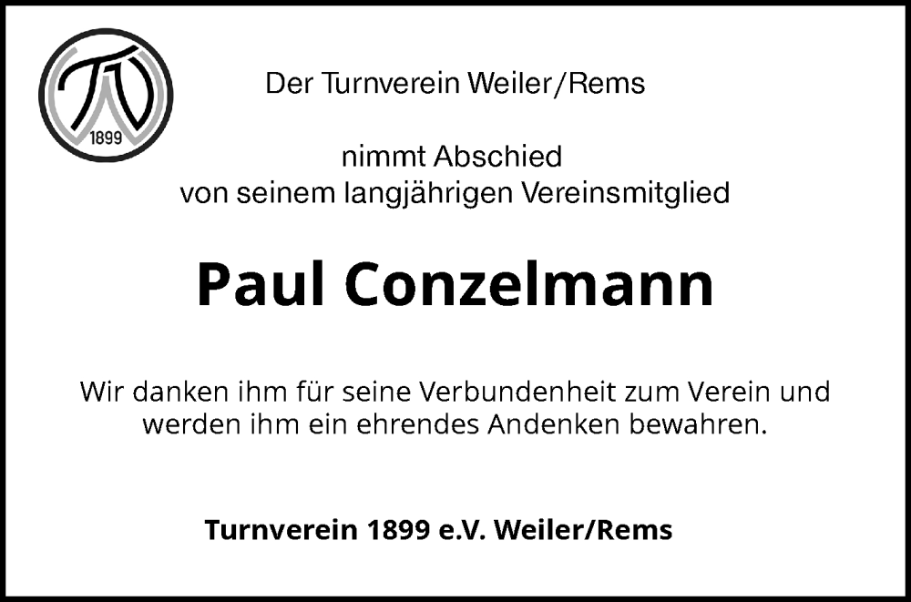  Traueranzeige für Paul Conzelmann vom 08.02.2025 aus Waiblinger Kreiszeitung