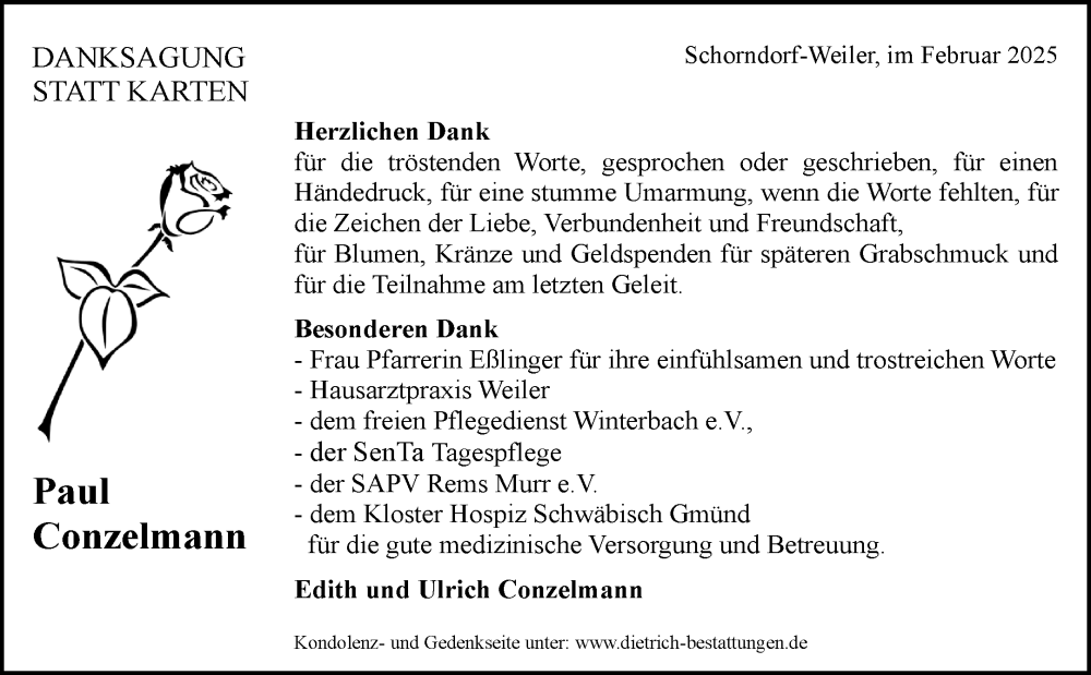  Traueranzeige für Paul Conzelmann vom 19.02.2025 aus Waiblinger Kreiszeitung