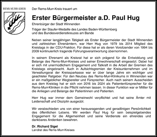 Traueranzeige von Paul Hug von Waiblinger Kreiszeitung