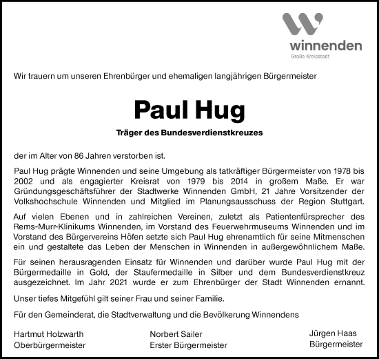 Traueranzeige von Paul Hug von Waiblinger Kreiszeitung